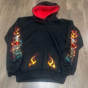 Vintage Y2K Silver point rare Black Hoodie with Red Flames and Skull Design